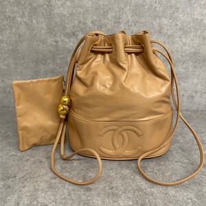1円 美品 シール有 2番台 ポーチ付き CHANEL シャネル ラムスキン 金具 レザー 巾着 ミニ ショルダーバッグ ポシェット ベージュ 03410