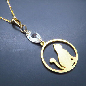 Art hand Auction Full Moon and Cat Gold Cat Moon Cat Necklace Swarovski 925 Silver 18K Gold Plated, Handmade, Accessories (for women), necklace, pendant, choker
