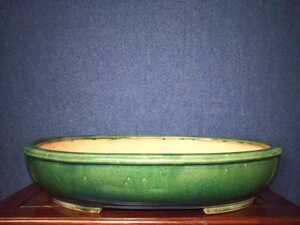 【一弘】緑釉玉縁下帯楕円鉢 左右45.5cm 和鉢