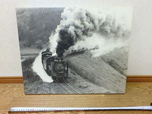 s201k　古い写真　パネル　SL　蒸気機関車　D51　白黒写真　約43x約53.5㎝　木枠パネル　鉄道写真　レトロ　ジャンク