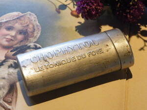 フランスアンティーク　エンボスに可愛いロゴ　小さな　PHARMACIE 薬　メタル　アルミ　缶！