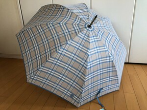 ☆新品☆ケイタマルヤマ/長傘雨傘/持ち手バンブー/チェック水色×グレー