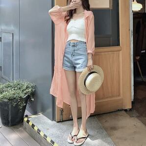 JS FASHION ロング丈シアーシャツ ピンクオレンジ