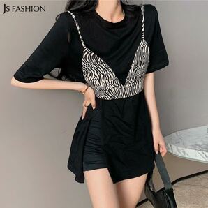 JS FASHION ビスチェ付きスリットカットソー ブラック