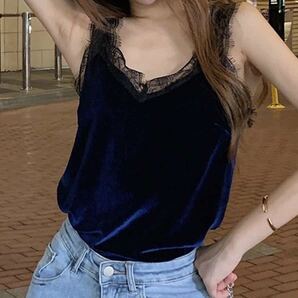 JS FASHION 異素材切替タンクトップ ブルー