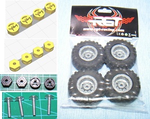 1/24ラジコンRC用 RGT純正タイヤ+灰色ホイール4ヶセット+ミニッツ4x4用変換六角ハブ部品+ステンレスねじ Kyosho MiniZ 4x4