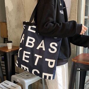 トートバック 英字 ネイビー 韓国 キャンバスバッグ 肩掛け ショルダーバッグ