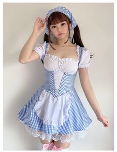 ブルー チェック フリル ミニ丈 ワンピース エプロン ドレス アリス風 水色 ロリータ メイド コスプレ 3L