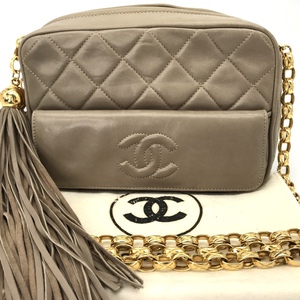 M1909 1円 良品 CHANEL シャネル ココマーク マトラッセ フリンジ チェーン ショルダー バッグ グレージュ