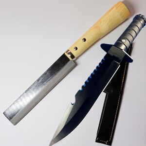 【2点セット】日本製 鉈 全長31cm レザー調カバー & シースナイフ サバイバルナイフ 登山 キャンプ ランボー 新品
