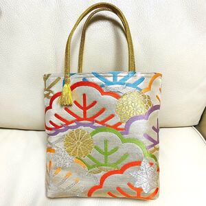一点物 着物 帯 袋帯 リメイク ハンドメイド トートバッグ サブバッグ 和装バッグ お茶会 お稽古 結婚式 金箔 礼装 帯締め