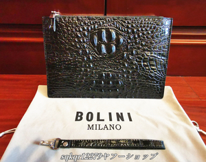 最上級逸品*15万・イタリア・ミラノ発*BOLINI/ボリニ・最上級牛革・クロコダイル*セカンドバック/ハンドバッグ・黒