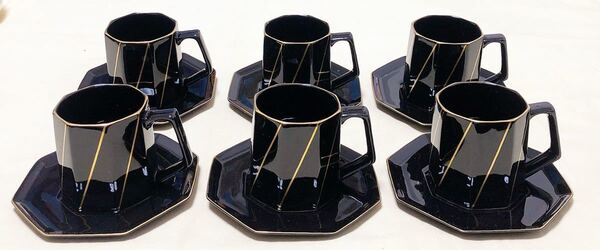 Komatu小松陶器 Fine China 金彩 黒い八角カップ&ソ-サ-6客