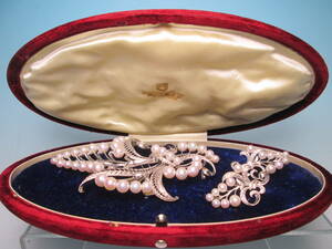 【江月】K.MIKIMOTO K14WG 彫金細工本真珠の帯留め兼ブローチ&イヤリング 74g 共ケース付 