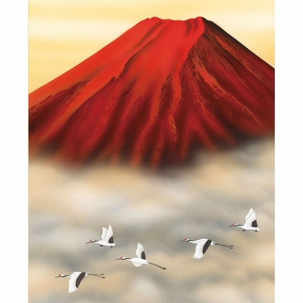 ☆◎北山歩生『赤富士双鶴（尺五立）』高精彩工芸画 掛軸 掛け軸 新品