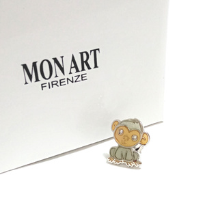 【map16】新品　MON ART モンアート　ピンズ　ピンバッジ　お猿さん　サル　シルバー×グレー　クリアガラス