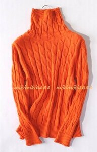ふんわり上質カシミヤ90％★ケーブル編みが可愛いハイネックニットプルオーバー♪オレンジM