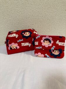 ハンドメイド ペコちゃんフラワー 台形ポーチ&ポケットティッシュポーチセット