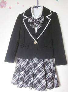 120女の子 スーツ4点セットアップ 入学式 卒園式 フォーマル ブレザー ジャケット スカート リボン ブラウス 黒