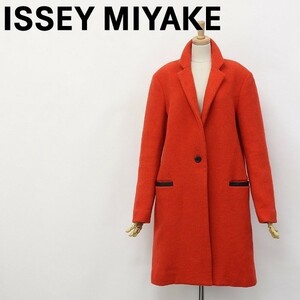 ◆ISSEY MIYAKE/イッセイミヤケ 裏地ボーダー柄 レザー切替 ウール チェスター コート オレンジ系