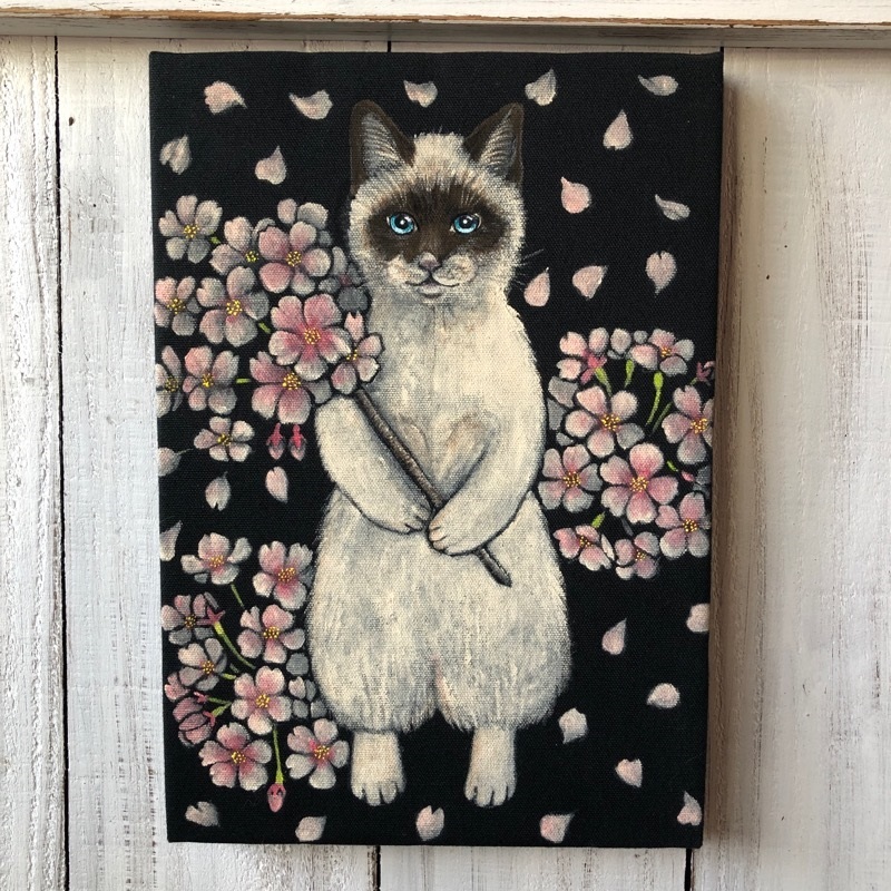 I'm happy SM size framed art work original cat by Yoko Tokushima ★ Starry sky cat, Artwork, Painting, acrylic, Gash