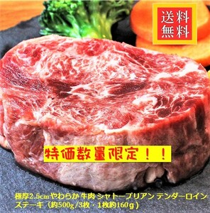 ヒレステーキ 極厚2.5cm やわらか 牛肉 シャトーブリアン ステーキ (約500g /3枚・1枚約160ｇ) ※発送不可地域：北海道・沖縄及び離島