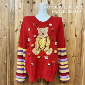 WONDERFULWORLD KANEKOISAO* one da full world Kaneko Isao .. Bear - cotton knitted sweater tops small flower motif attaching red 