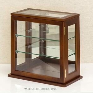 スリム ガラスキャビネット 3段 棚 正方形 ショーケース 木製 飾り棚 背面ミラー W34.5cm H35.0cm コレクションケース ブラウン 新品