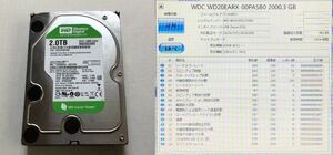 【使用時間:2,834h】WDC Western Digital WD20EARX-00PASB0 2TB HDD 3.5インチ SATA＠正常判定