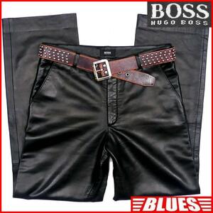 即決★HUGO BOSS★W32位 レザーパンツ ヒューゴボス メンズ 46 黒 本革 ライダースパンツ 本皮 パンクロック ライディング ツーリング