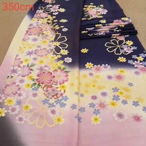 010701 正絹 紺紫色 花柄 桜柄 シルク350cm はぎれ ハギレ リメイク ハンドメイド