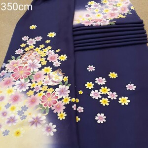 012601　正絹　紺紫色　花柄　桜柄　シルク350cm　はぎれ　ハギレ　リメイク　ハンドメイド