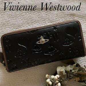 美品!Vivienne Westwood ヴィヴィアンウエストウッド 長財布 ラウンドファスナー オーブ ブラック 黒 エンボス ジップ ゴールド金具
