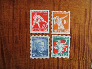 青少年福祉切手ーユージン・フーバーと運動選手　４種完　未使用　1932年　スイス共和国　VF/OH　