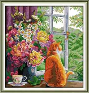 クロスステッチキット 窓辺に佇む猫(ティータイム) 14CT 41×42cm 図案印刷あり 刺繍