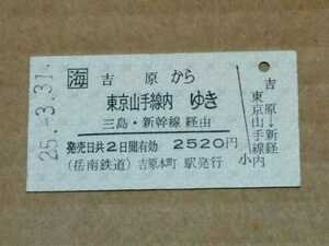 岳南線　吉原本町駅発行　片道乗車券　□海 吉原から東京山手線内ゆき　三島・新幹線経由　岳南鉄道（社名改称最終日・岳南電車に改称）