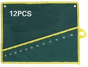 【送料無料】12 キャンバス スパナ レンチ 工具収納バッグ ツール袋 ポケット付き グリーン 耐久性 収納袋 ツールロール ロールアップ 作業