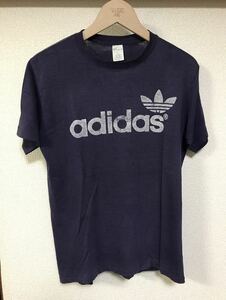 Ｌ★古着 半袖 ブランド Tシャツ ヴィンテージ アディダス adidas ビッグロゴ クルーネック ネイビー ナス紺　made in USA