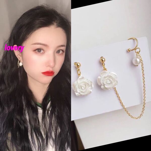 韓国でも大人気☆ 薔薇が可愛いイヤーカフ付きピアス イヤーカフ フラワーピアス ローズピアス ゴールドピアス