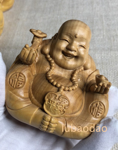 布袋様 置物 七福神 木彫仏像 天然の木 仏教工芸品 精密細工 WJ11