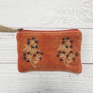 コットンベロア生地 刺繍ポーチ RED