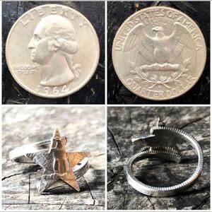 アメリカ　25セントコインリング　ReDブランド　スターデザイン　銀貨　シルバー900% コインアクセサリー　指輪　スターデザイン