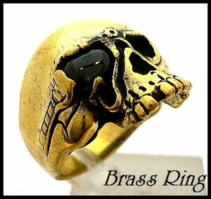 真鍮製Brass天然石オニキス眼 スカル髑髏 ブラス リング/15号.23号より