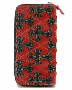 牛革クロス十字架チャーム縫い レザーウォレット赤×黒/ファスナータイプ