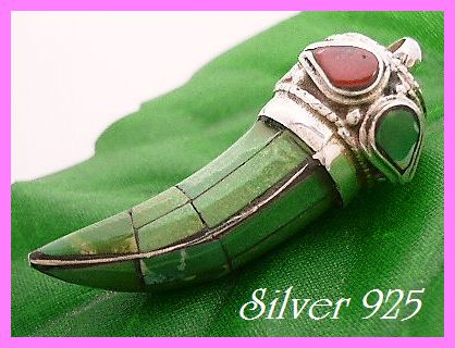 925 银天然石绿松石和珊瑚混合银质尖牙吊坠(小号)/银工艺手工制作, 项链, 吊坠, 彩色宝石, 绿松石