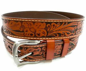  cow leather Carving ala Beth k leather belt tea / long type[ large size ]