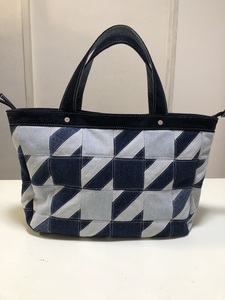 デニムリメイクバッグ ハンドメイド オリジナル ハンドバッグ 手提げ パッチワーク リメイク 千鳥格子 横長