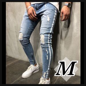 メンズ スキニー ダメージ デニム ストレッチ パンツ ボトムス 韓国 M