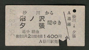 A型青地紋乗車券 砂川から沼ノ沢/夕張（廃止）昭和50年代（払戻券）