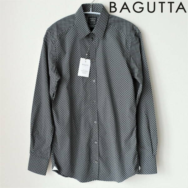 新品 BAGUTTA バグッタ イタリア製 最高級 メンズ ドレスシャツ スリム 総柄 モノトーン コットン シャツ 長袖 黒 白 グレー 38 Mサイズ 